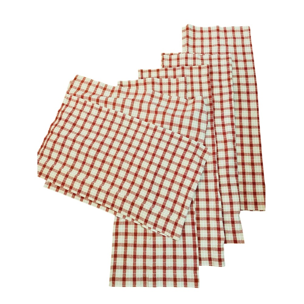 VTG Essential Home dark Red Cream Checkered curtain & topper 2 Set 6 pc  cotton